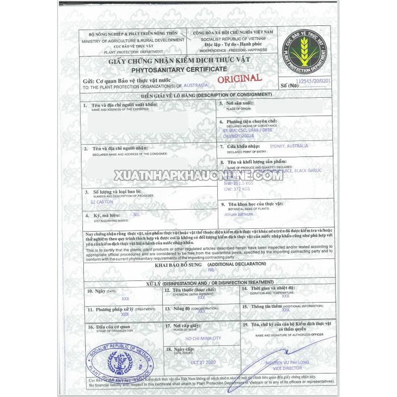Chứng nhận kiểm dịch thực vật - phytosanitary certificate 